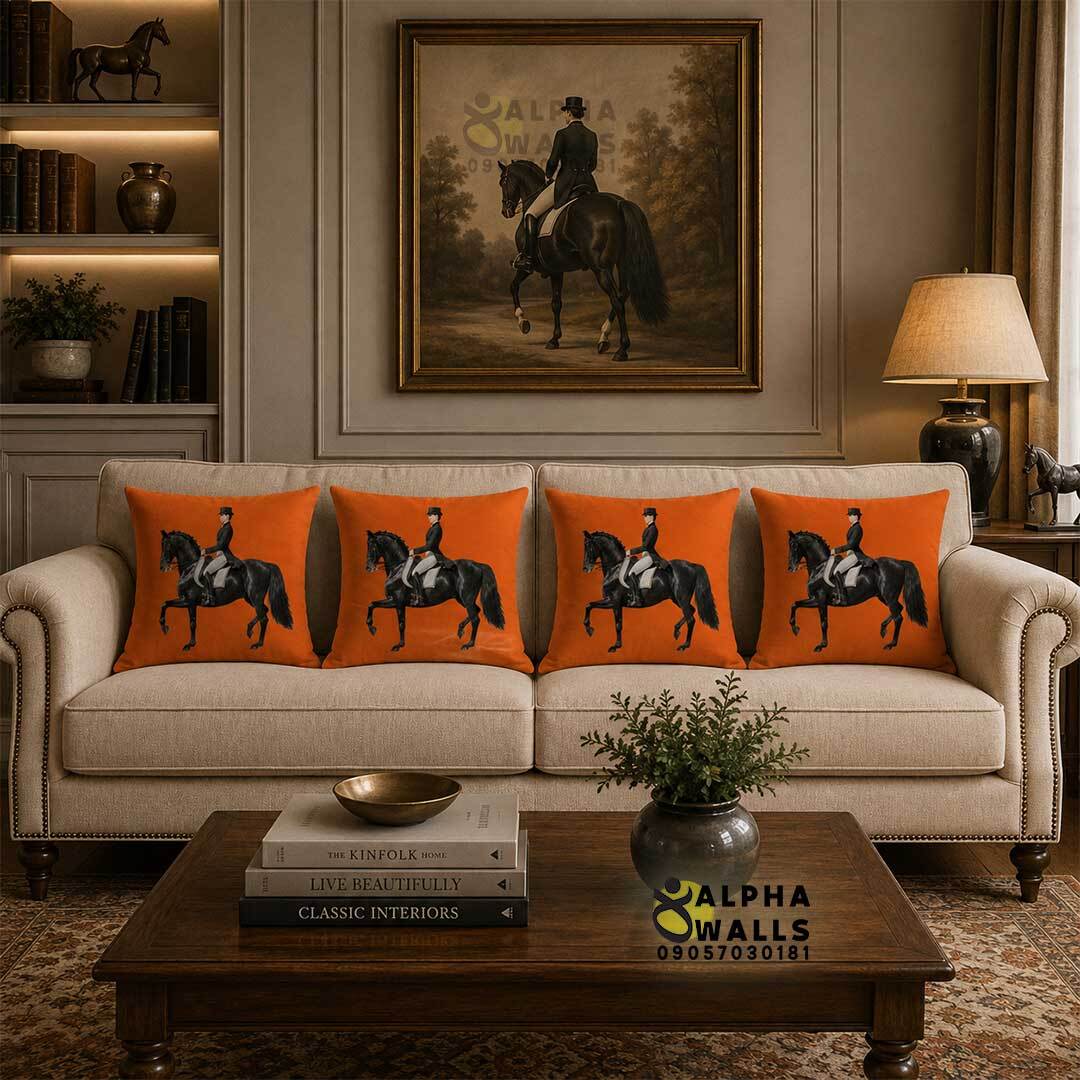 کاور کوسن مخمل طرح اسب و سوارکار مشکی Black Equestrian | روکش کوسن نارنجی لوکس