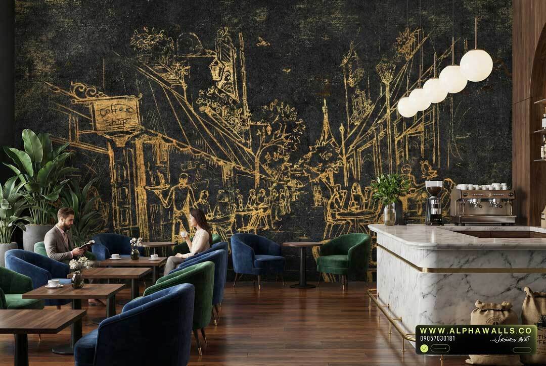  پوستر دیواری کافه و رستوران طرح اسکچ شهری با زمینه تیره 