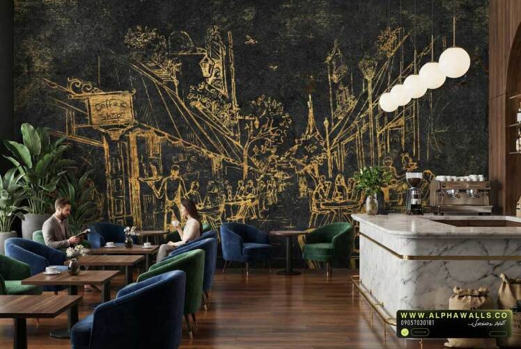 پوستر دیواری کافه و رستوران طرح اسکچ شهری با زمینه تیره