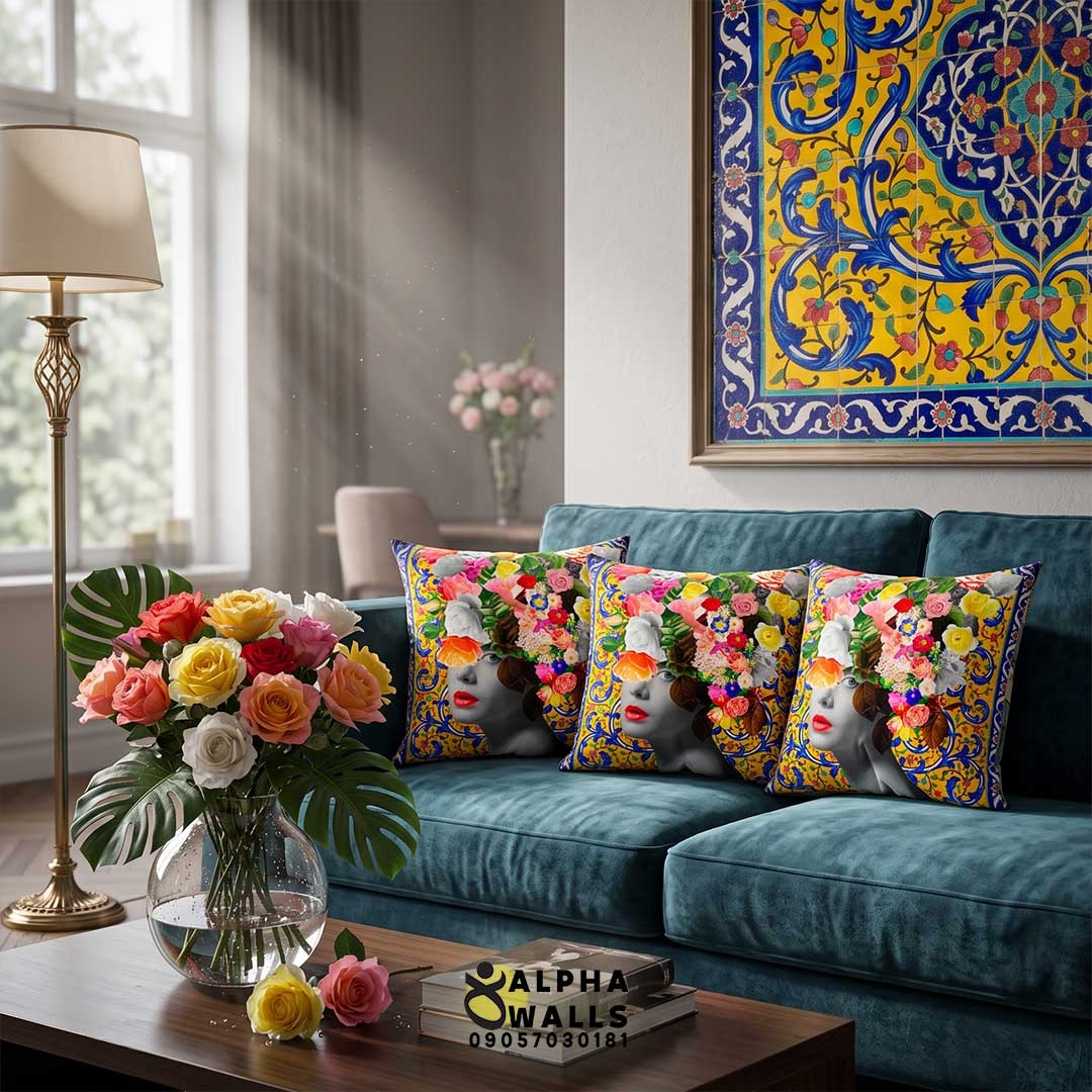  روکش کوسن مخمل طرح پرتره رنگارنگ گل و کاشی‌کاری | Vibrant Floral Portrait 