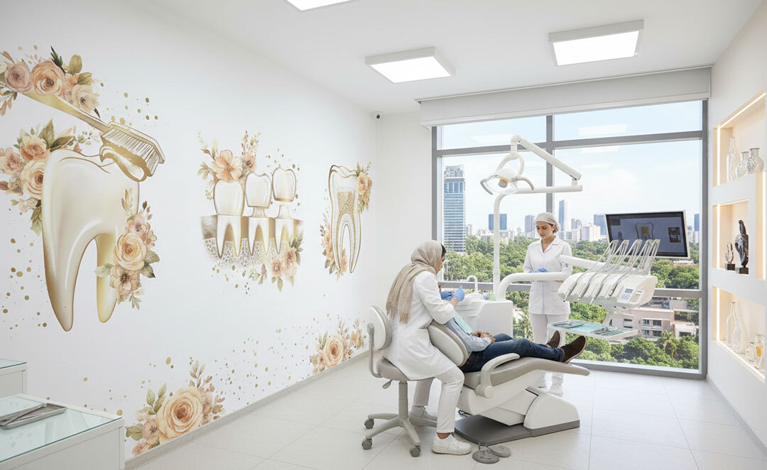  پوستر دیواری دندانپزشکی طرح آناتومی دندان و گل رز 