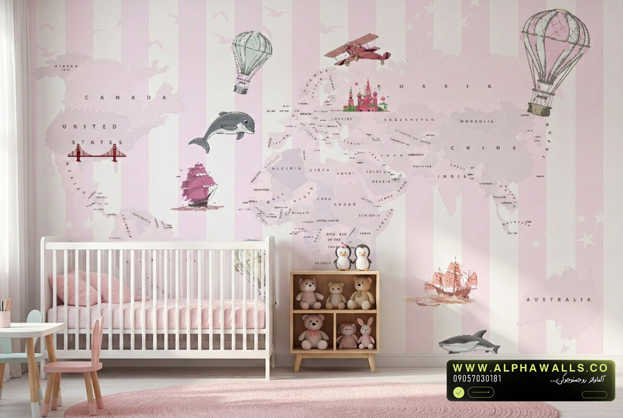 پوستر دیواری کودکانه طرح نقشه جهان فانتزی صورتی