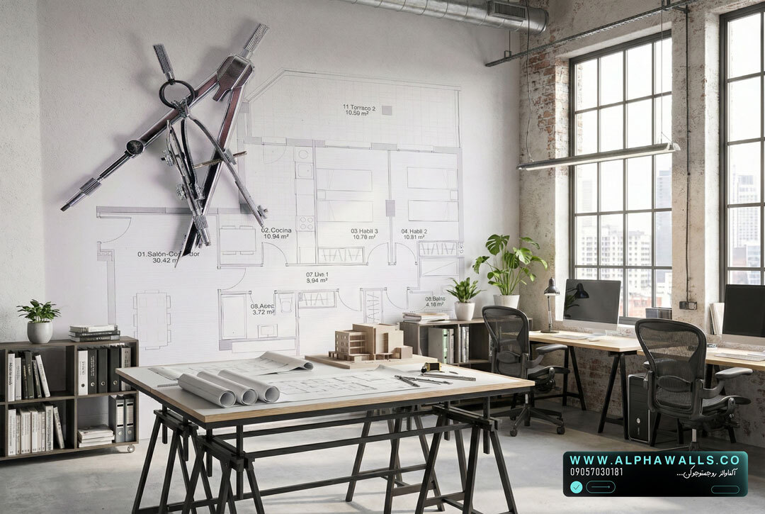  پوستر دیواری دفتر مهندسی با طرح نقشه معماری و ابزار طراحی صنعتی 