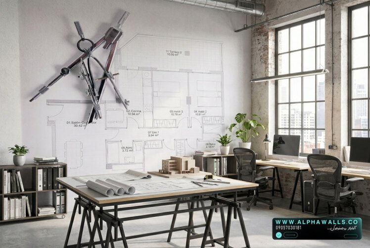 پوستر دیواری دفتر مهندسی با طرح نقشه معماری و ابزار طراحی صنعتی