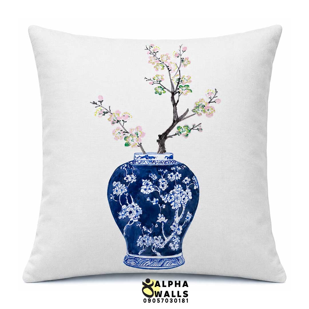  روکش کوسن مخمل طرح گلدان چینی آبی و شکوفه مدل Blue Blossom 