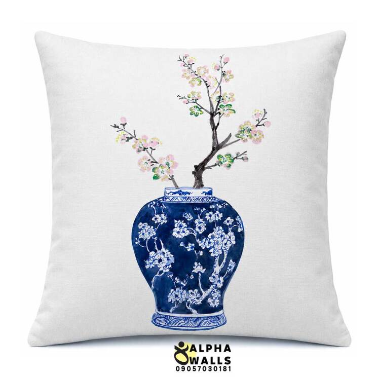 روکش کوسن مخمل طرح گلدان چینی آبی و شکوفه مدل Blue Blossom