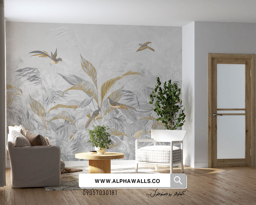  پوستر دیواری شاخ برگ طوسی طلایی و زمینه سفید 