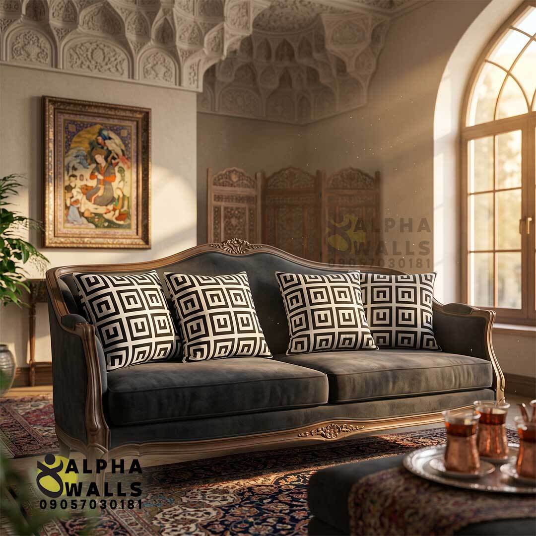 روکش کوسن مخمل طرح هندسی یونانی مشکی سفید مدل Greek Maze