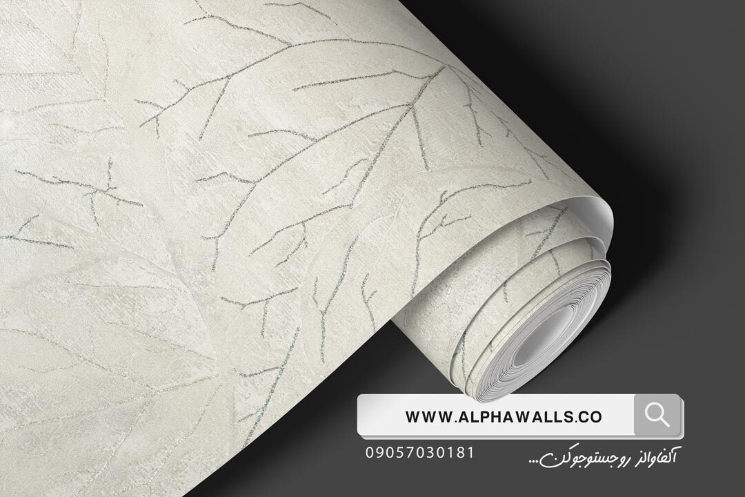  کاغذ دیواری طرح برگ محو وشاین طلایی و نقره ای زمینه طوسی روشن 