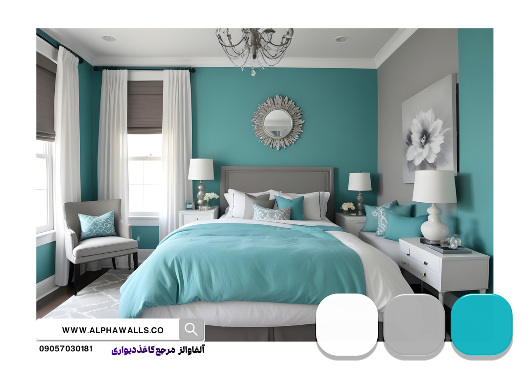 اتاق خواب رنگ آبی فیروزه ای ، سفید و طوسی