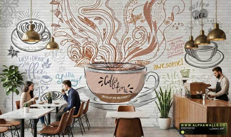 پوستر دیواری فنجان قهوه هنری | طرح اسکچ قهوه با پس‌زمینه آجری روشن