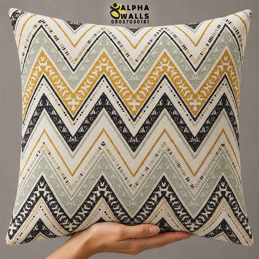 روکش کوسن مخمل طرح زیگزاگ هندسی کرم خردلی مدل Boho Chevron