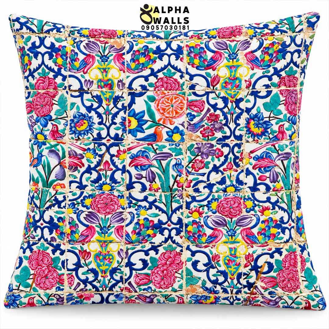 روکش کوسن مخمل طرح کاشی گل و مرغ | Persian Floral Tile