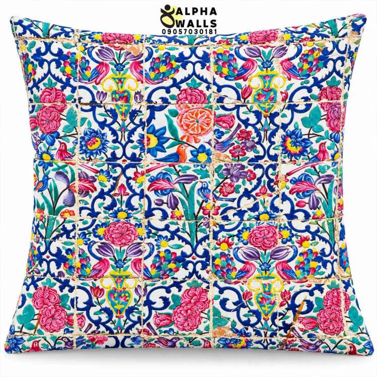 روکش کوسن مخمل طرح کاشی گل و مرغ | Persian Floral Tile