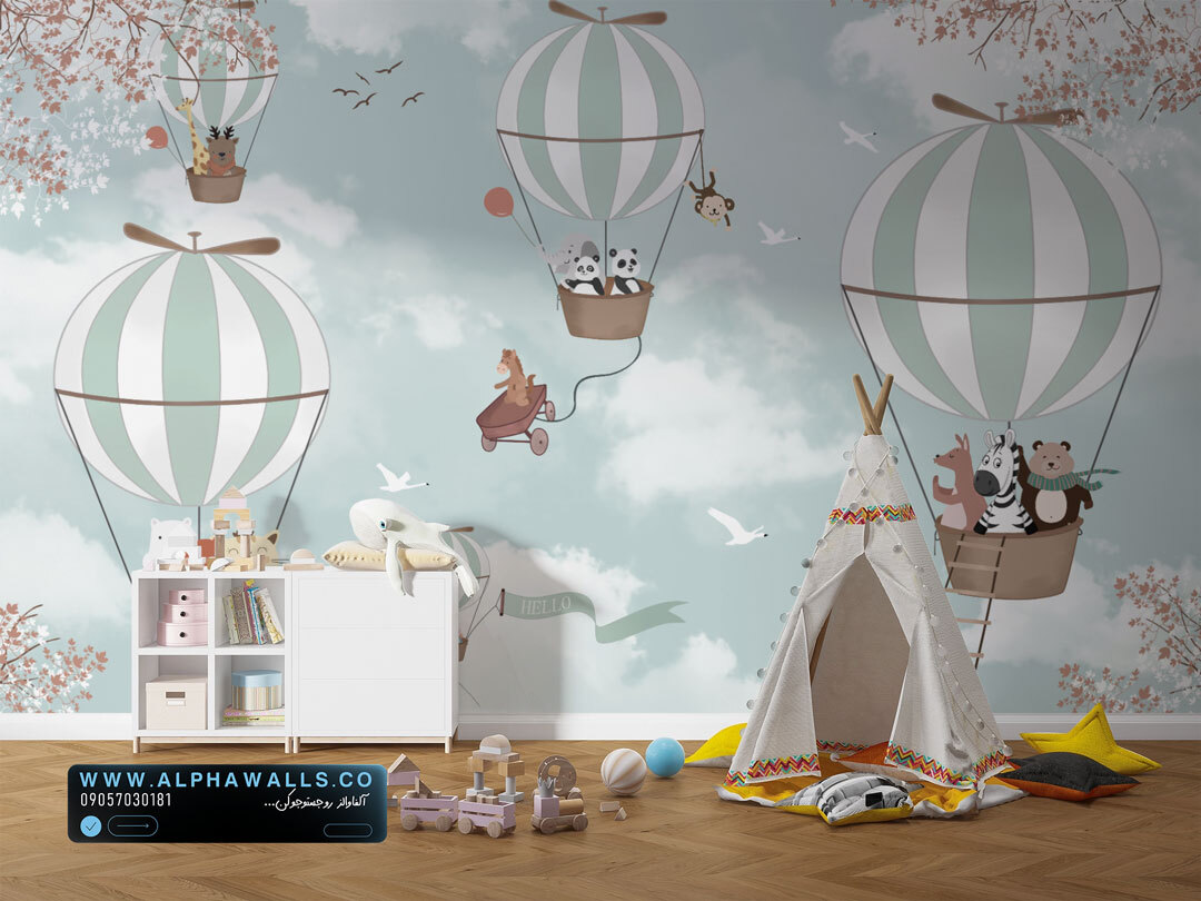  پوستر دیواری کودک طرح بالن و حیوانات زمینه رنگ آبی 