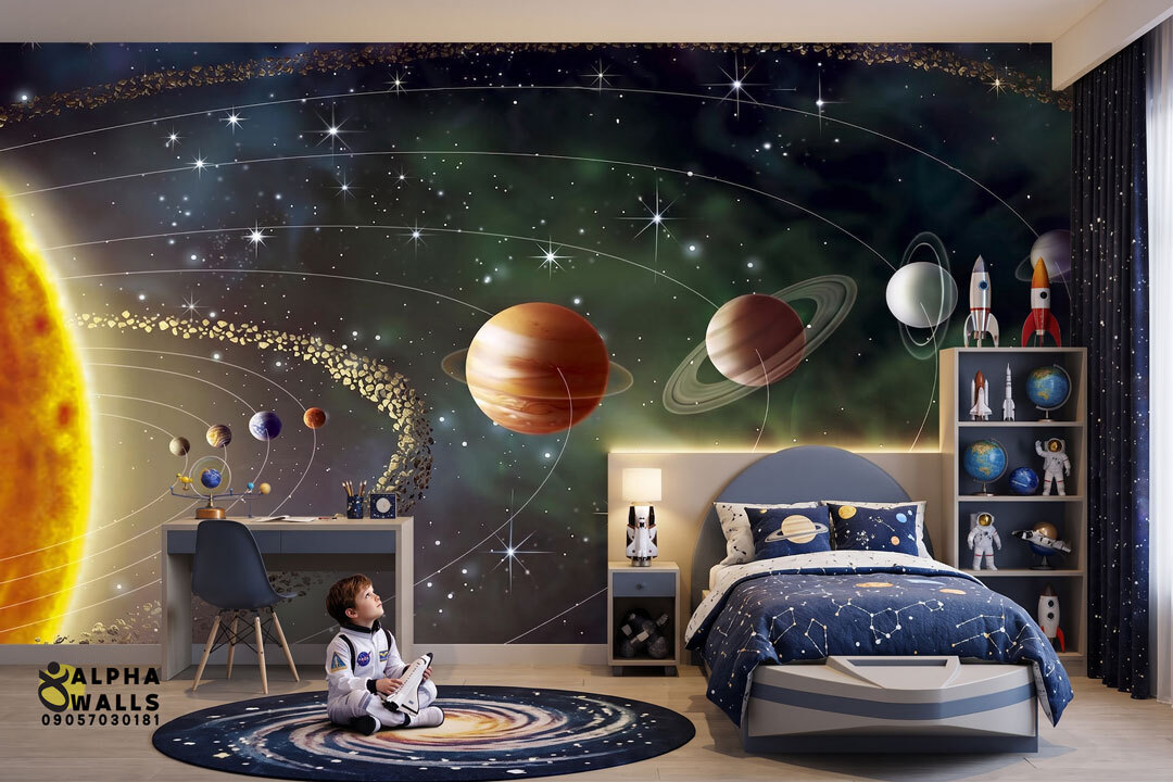  پوستر دیواری کودک طرح منظومه شمسی و کهکشان | Educational Solar System Kids Wall Poster 