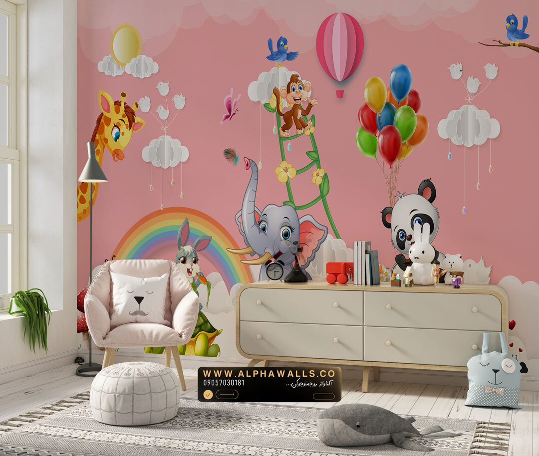  پوستر دیواری کودک طرح حیوانات شاد با بالن‌های رنگی 