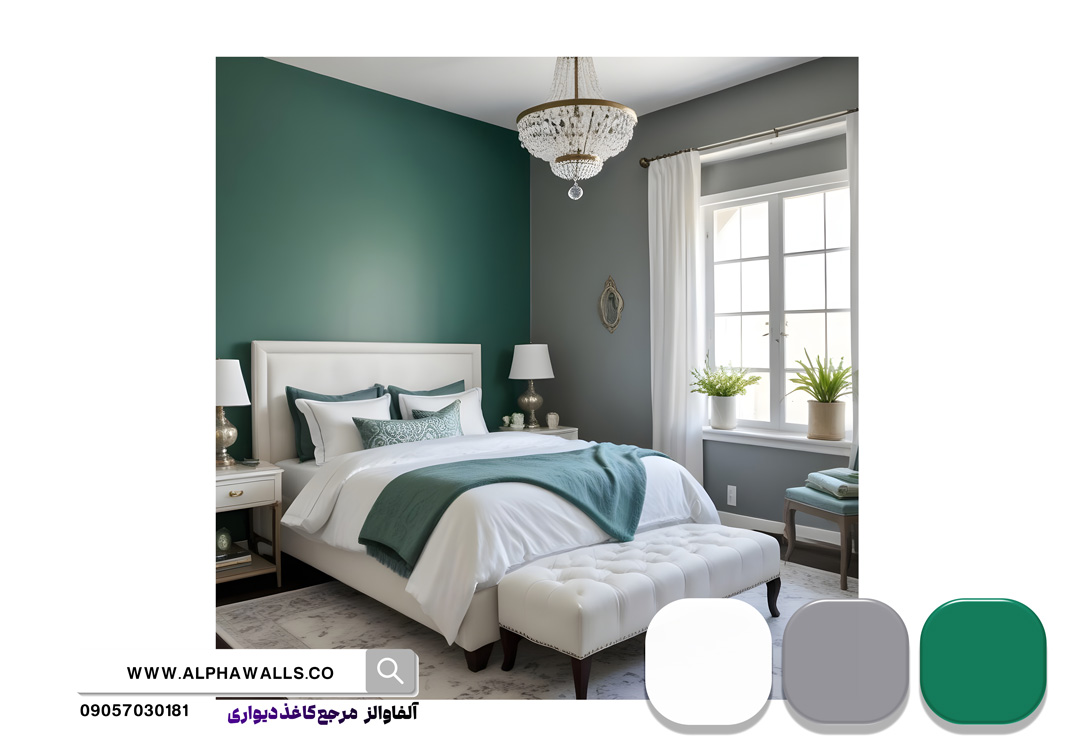اتاق خواب رنگ سبز درباری ، طوسی و سفید