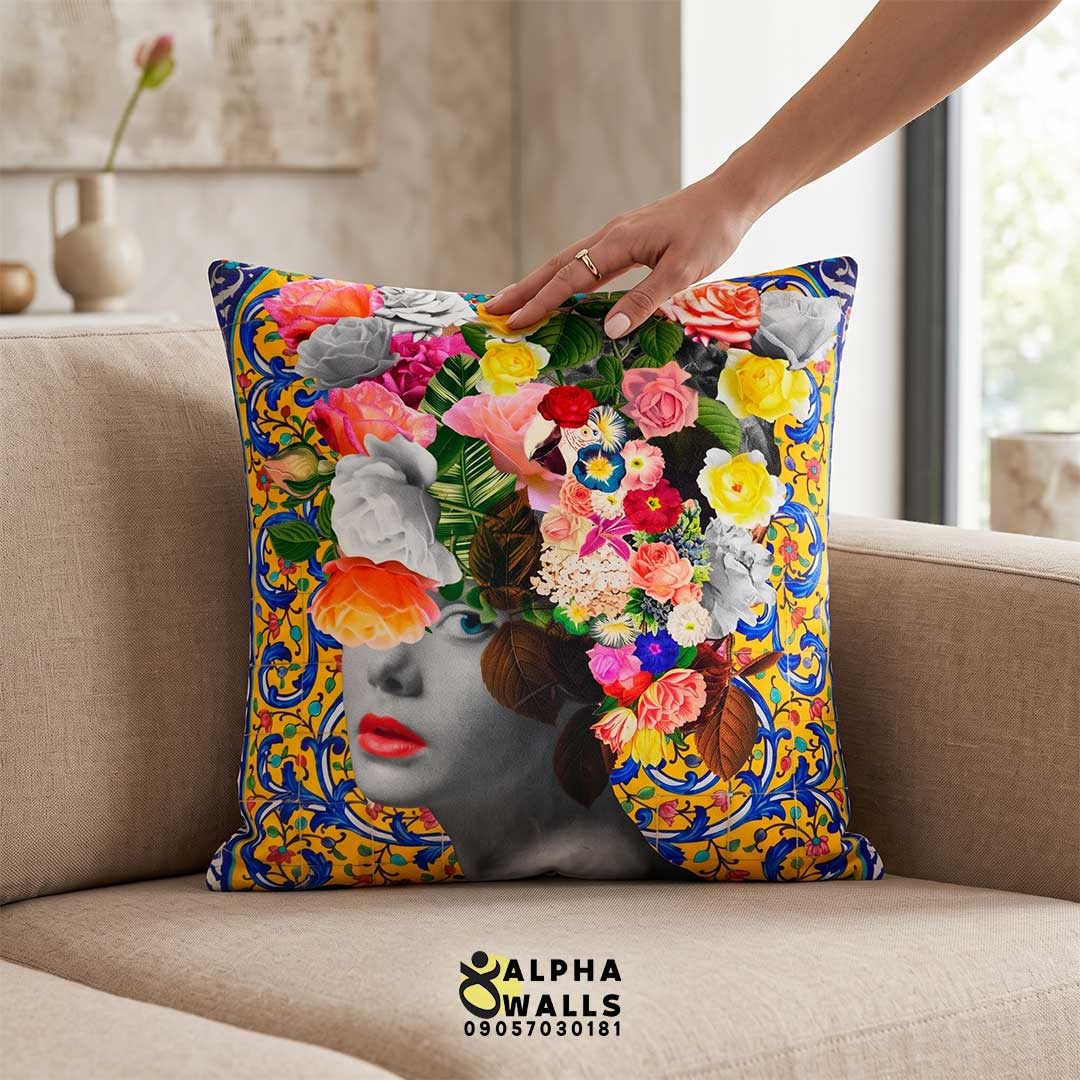  روکش کوسن مخمل طرح پرتره رنگارنگ گل و کاشی‌کاری | Vibrant Floral Portrait 