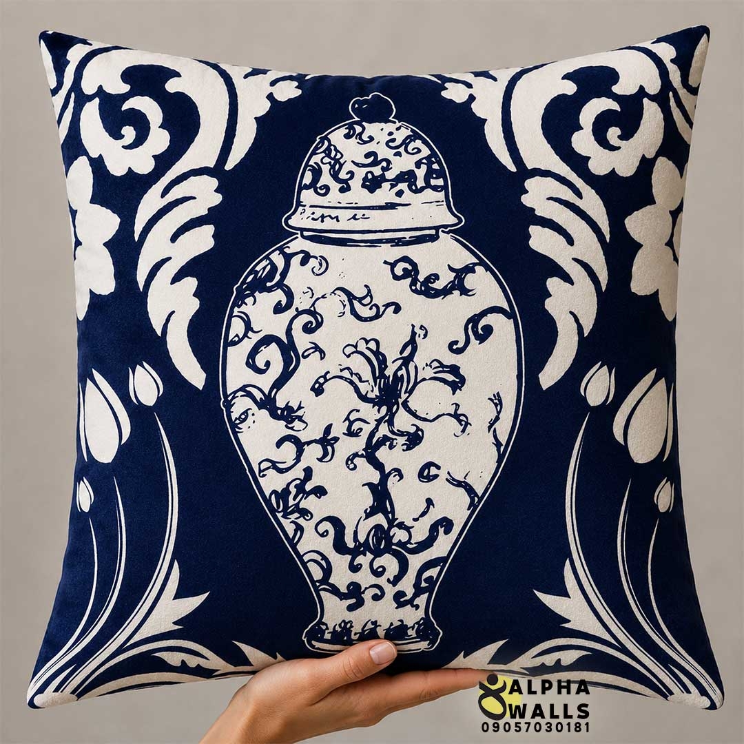 روکش کوسن مخمل طرح گلدان چینی آبی سفید مدل Imperial Vase