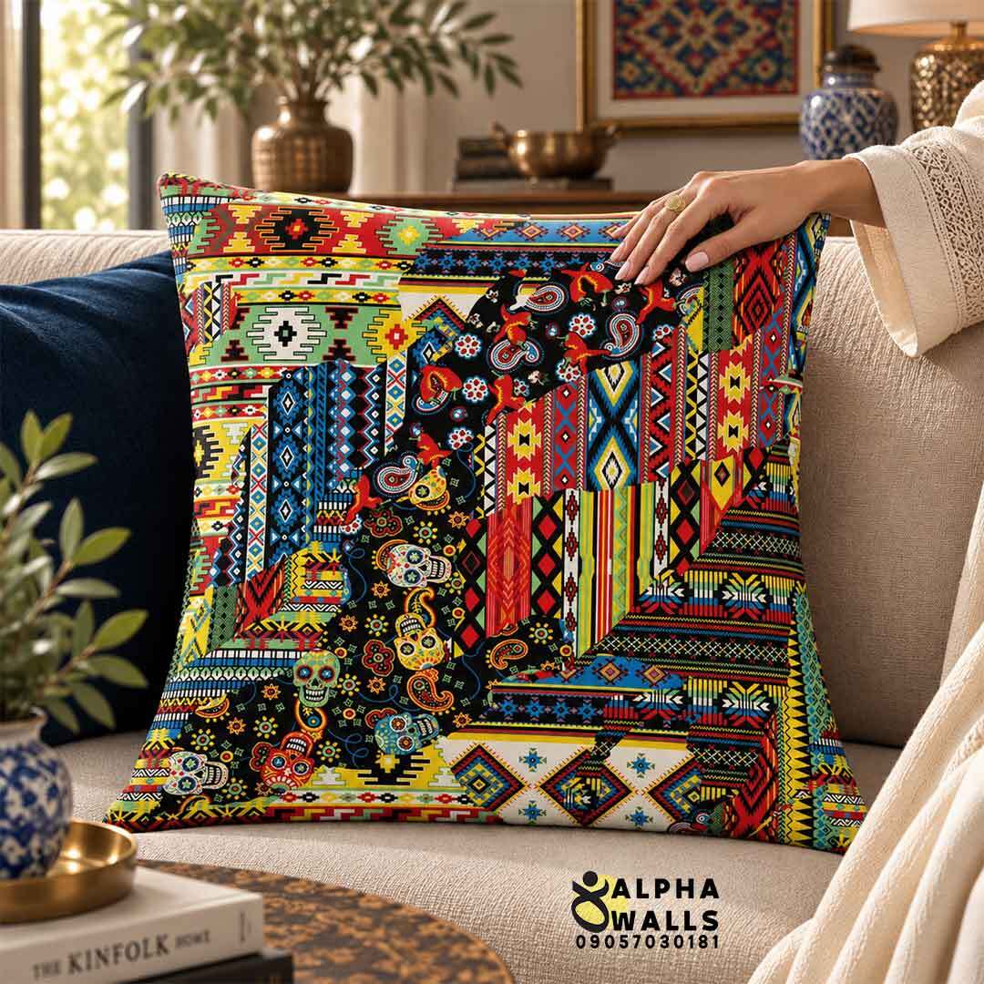  روکش کوسن مخمل طرح پچ‌ورک گلیم رنگارنگ | Colorful Kilim Patchwork 