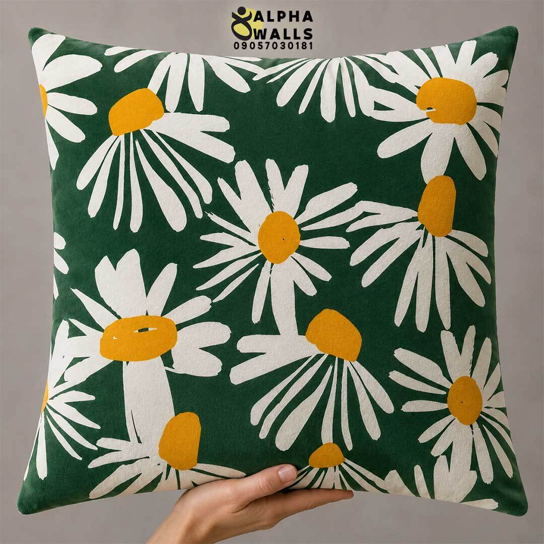  روکش کوسن مخمل طرح گل بابونه سفید و سبز مدل Daisy Garden 