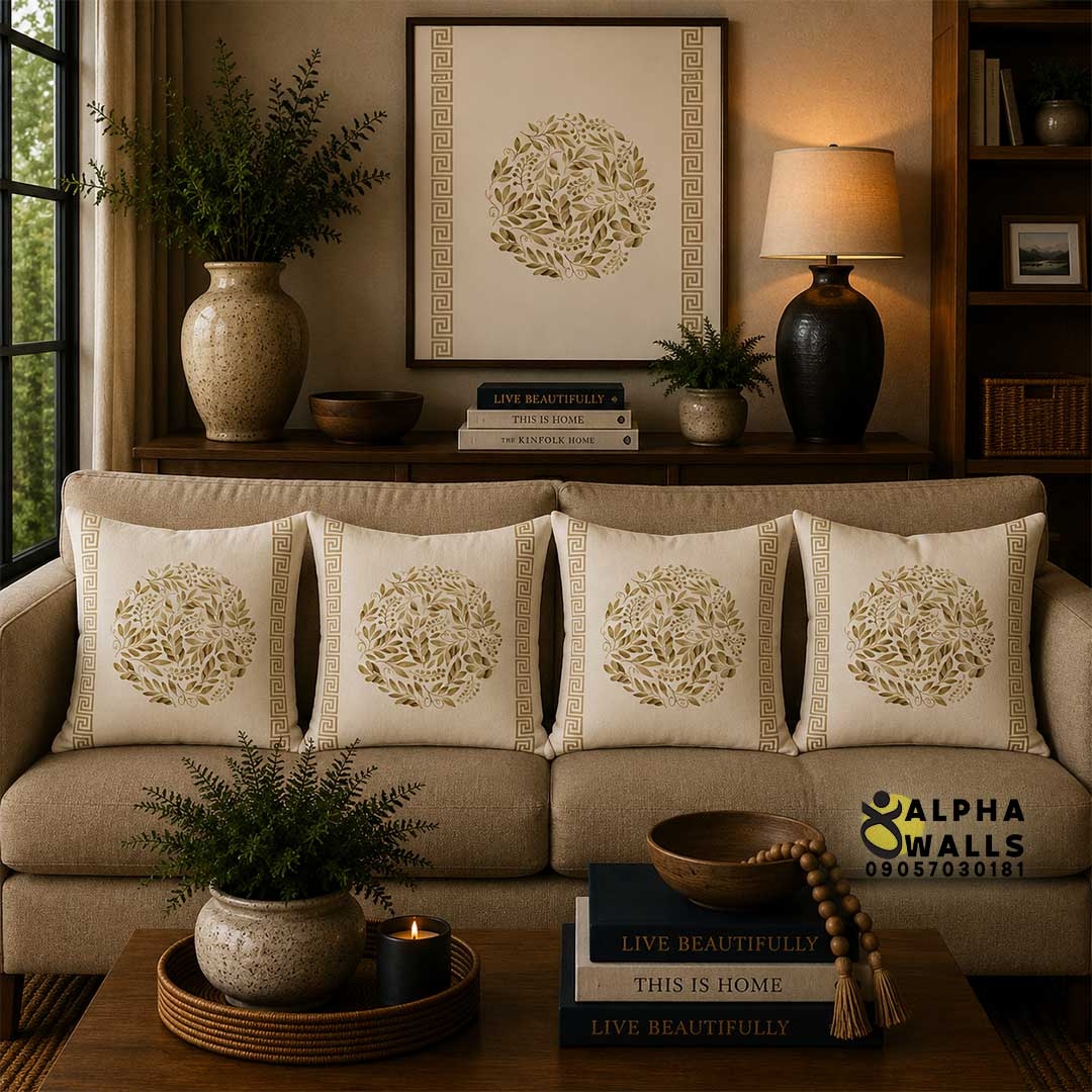 روکش کوسن مخمل طرح برگ کلاسیک کرم مدل Ivory Laurel