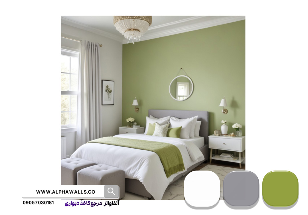 اتاق خواب رنگ پسته ای و سفید و طوسی