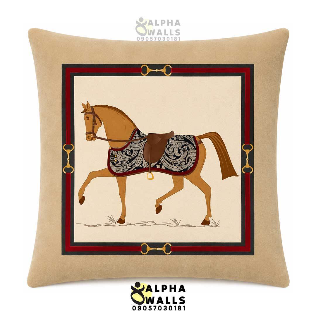 روکش کوسن مخمل کرم طرح اسب کلاسیک مدل Elegant Horse Beige