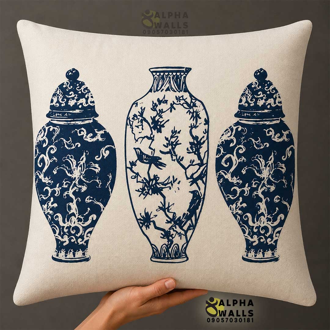 روکش کوسن مخمل طرح گلدان چینی آبی سفید مدل Blue Porcelain
