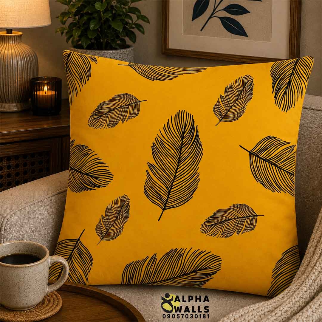  روکش کوسن مخمل طرح پر مشکی زمینه خردلی مدل Golden Feather 