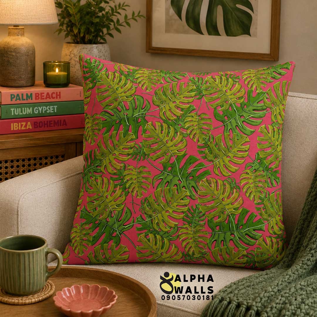 روکش کوسن مخمل طرح برگ انجیری سبز و صورتی مدل Pink Monstera