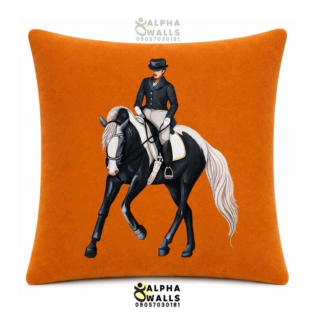  کاور کوسن مخمل نارنجی طرح اسب و سوارکار Equestrian Rider | روکش کوسن مبل سوارکاری لوکس 