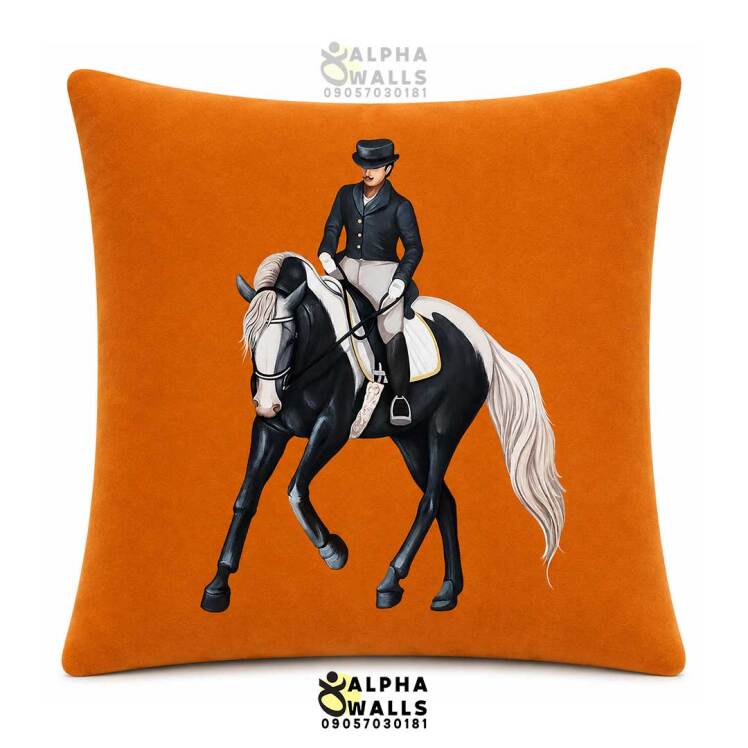 کاور کوسن مخمل نارنجی طرح اسب و سوارکار Equestrian Rider | روکش کوسن مبل سوارکاری لوکس