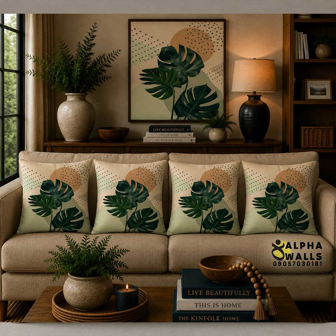  روکش کوسن مخمل طرح برگ انجیری سبز مدل Monstera Nature 
