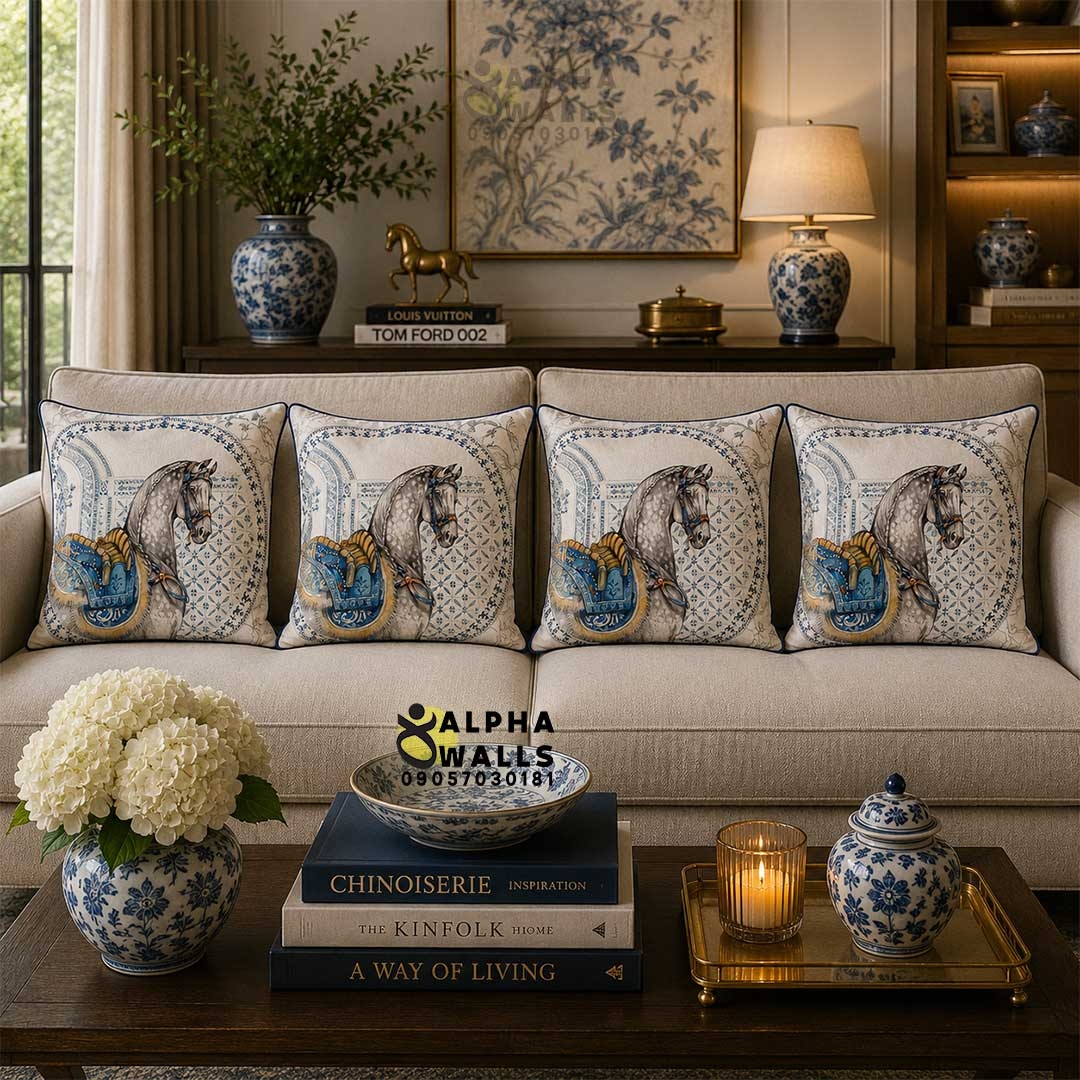  کاور کوسن مخمل طرح اسب سفید و زین آبی Royal Arabian Horse | روکش کوسن کرم کلاسیک 