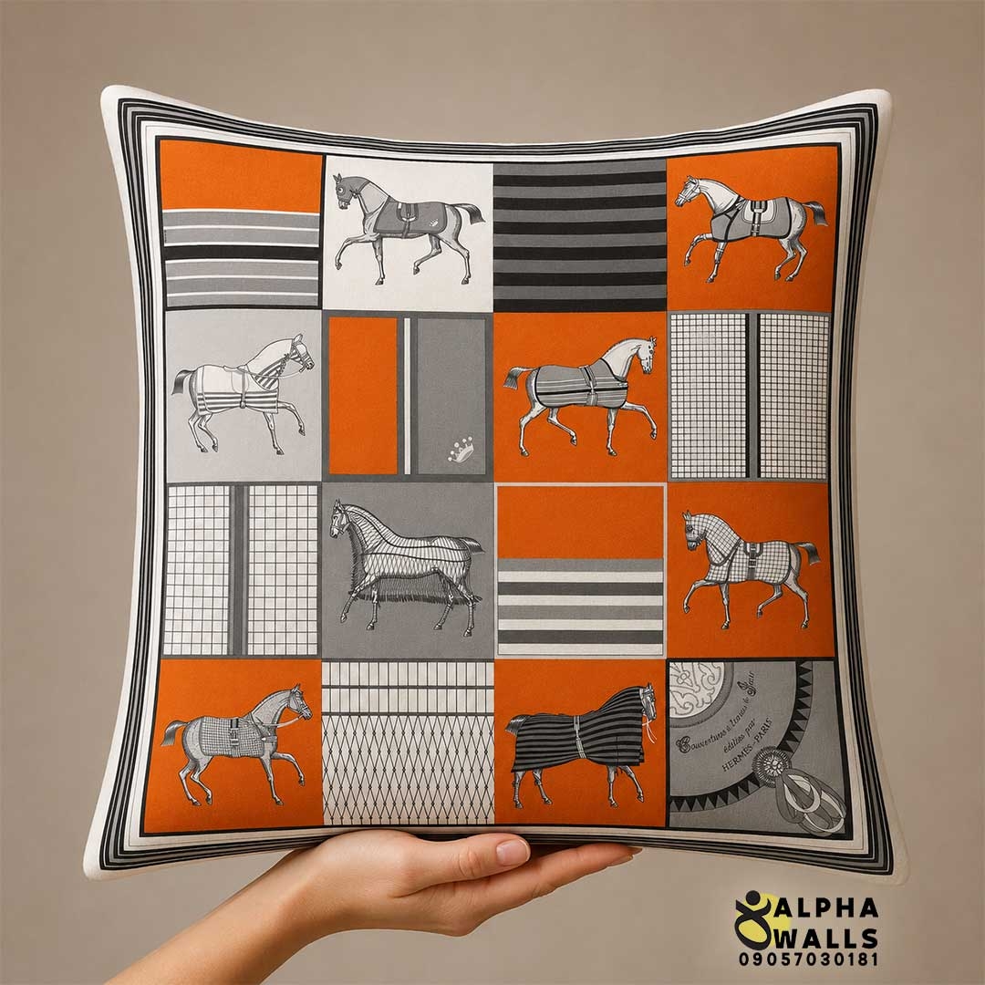 روکش کوسن مخمل سفید طرح هندسی اسب مدل Equestrian Mosaic