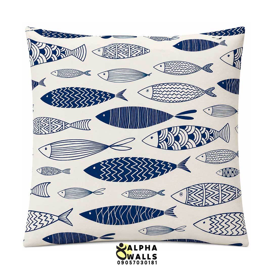 روکش کوسن مخمل طرح ماهی آبی و سفید مدل Nordic Fish