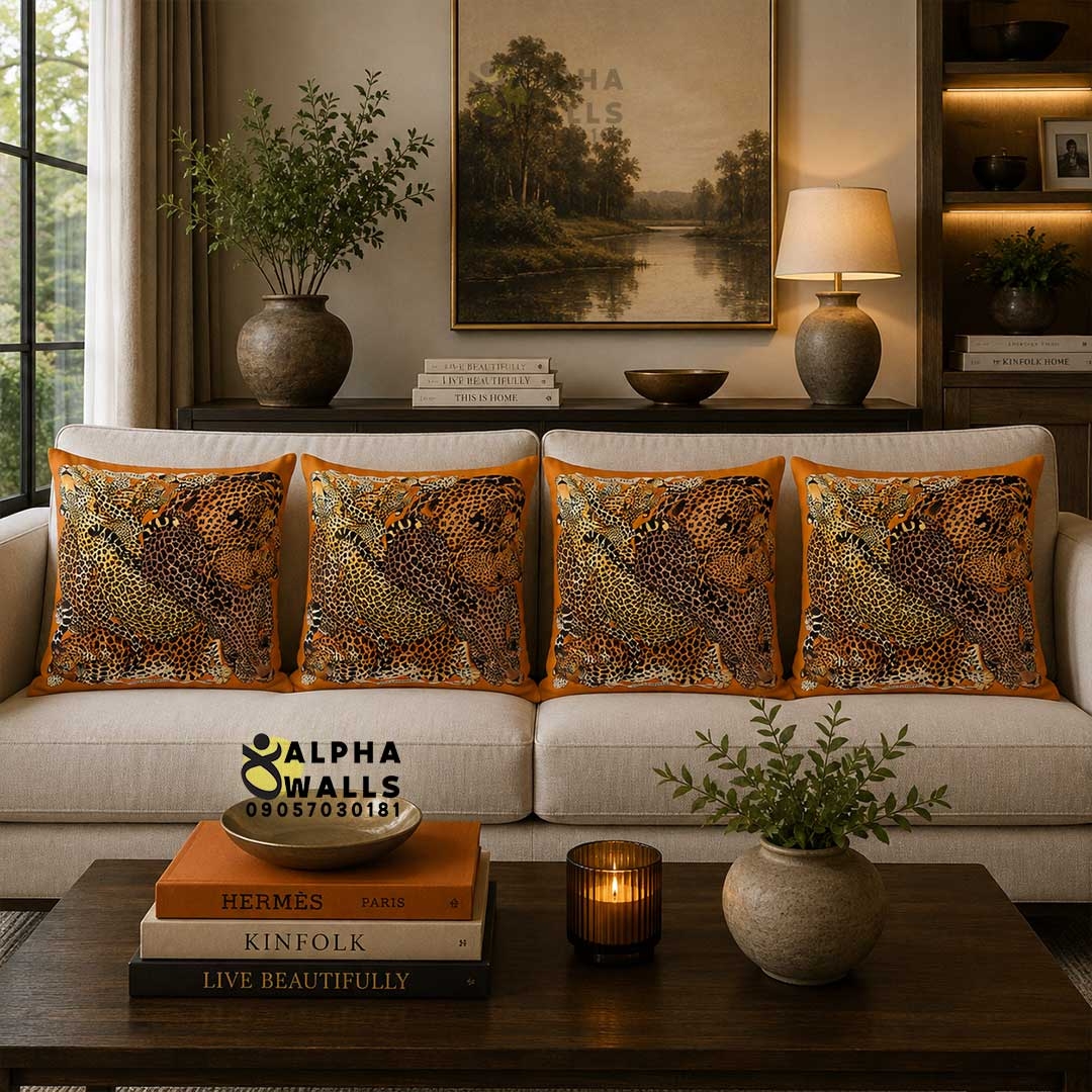  کاور کوسن مخمل طرح پلنگ Leopard Jungle | روکش کوسن نارنجی حیوانات لوکس 