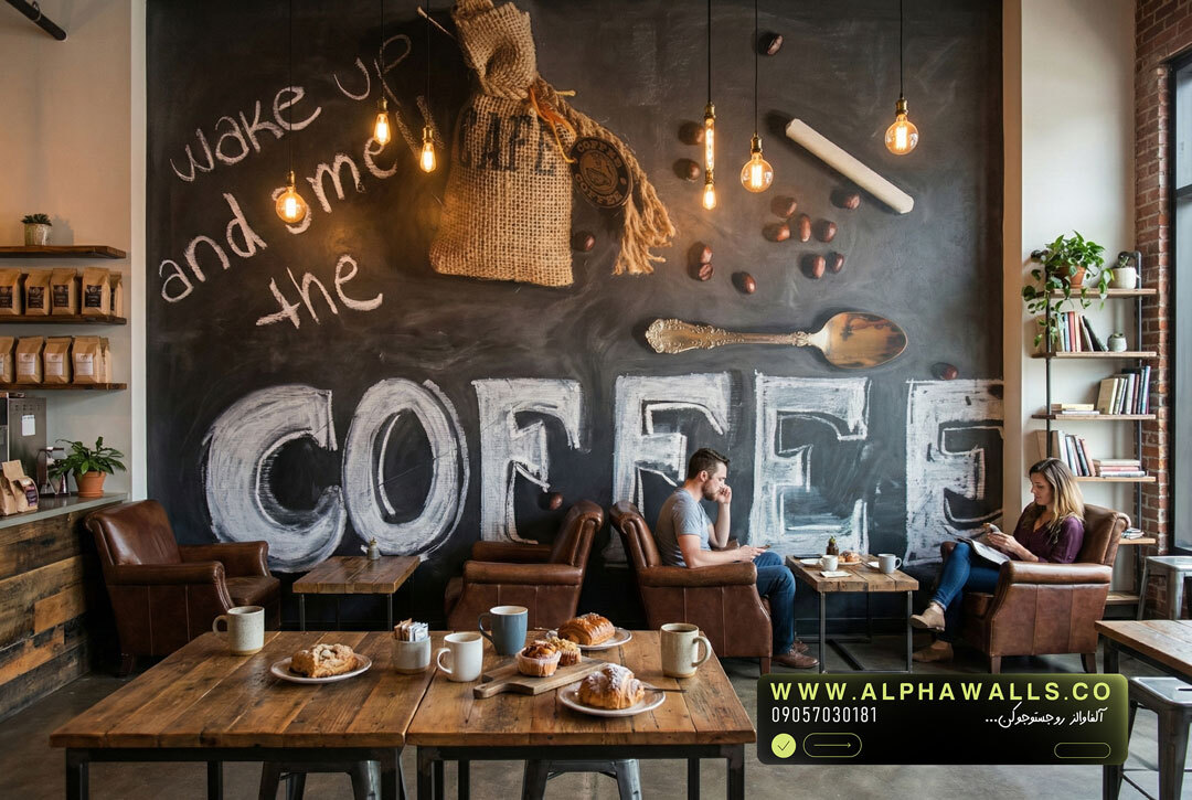 پوستر دیواری کافه طرح Coffee با زمینه تیره و سبک صنعتی