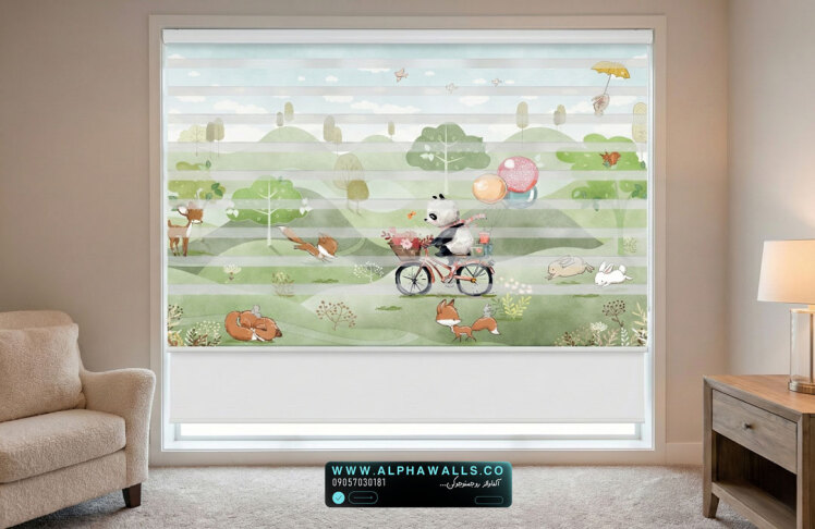 پرده زبرا اتاق کودک طرح گردش حیوانات جنگلی با فضای سبز ملایم