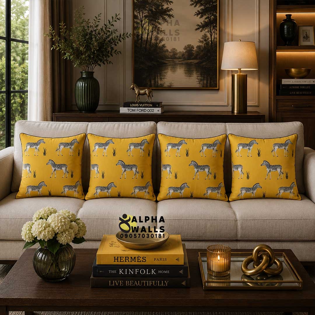 کاور کوسن مخمل زرد طرح گورخر Yellow Zebra Safari | روکش کوسن مبل مدرن