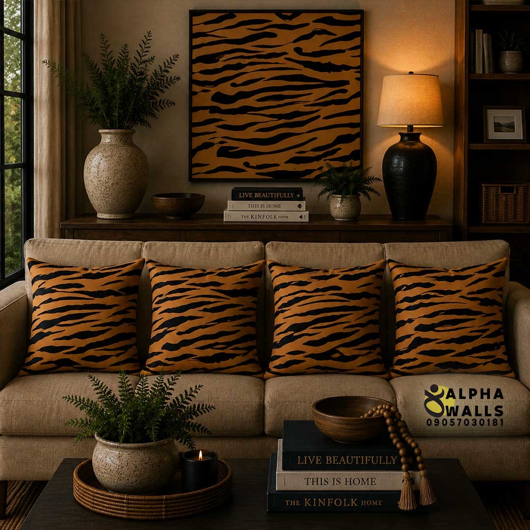  روکش کوسن مخمل طرح پوست ببر نارنجی و مشکی مدل Wild Tiger 