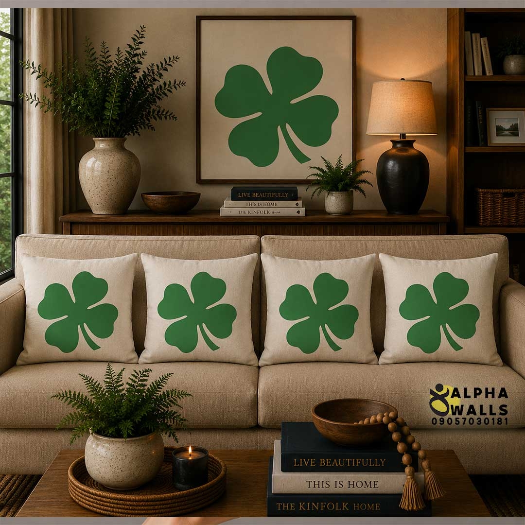 روکش کوسن مخمل طرح شبدر سبز زمینه کرم مدل Lucky Clover