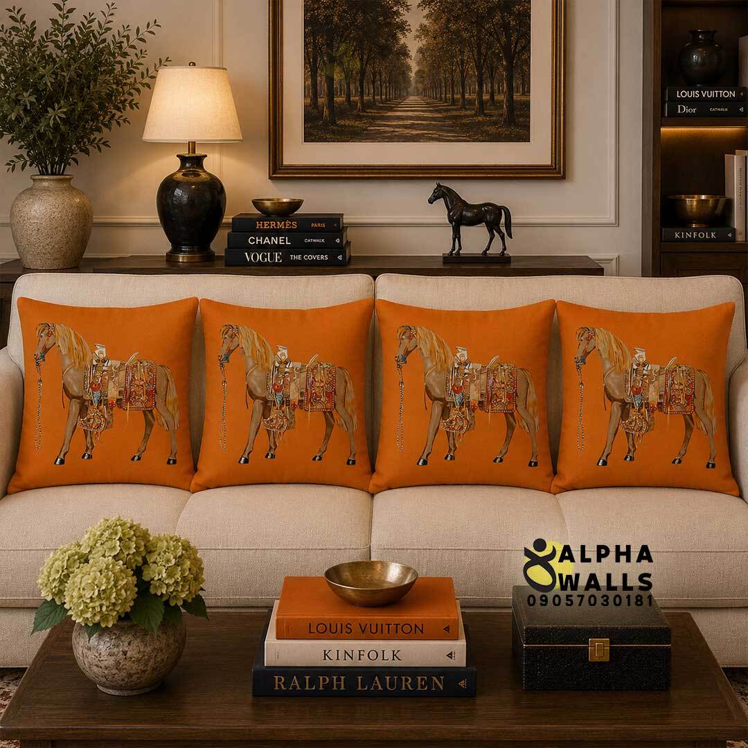 روکش کوسن مخمل نارنجی طرح اسب سلطنتی مدل Royal Horse Orange 