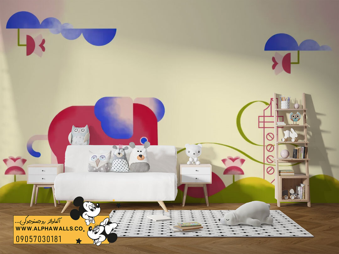  پوستر دیواری کودکانه طرح فیل مدرن صورتی آبی 