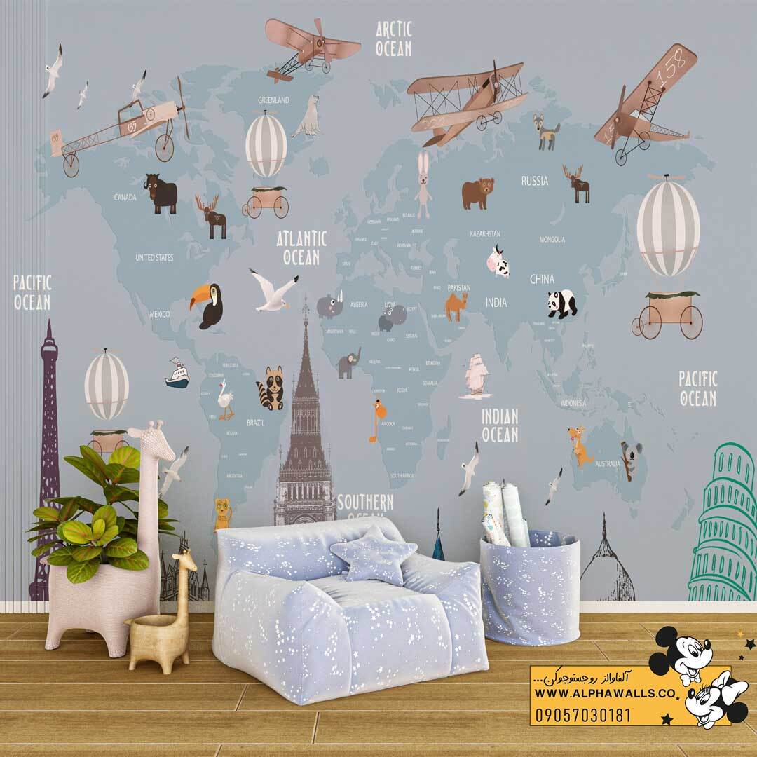 پوستر دیواری کودک طرح نقشه جهان کارتونی زمینه آبی