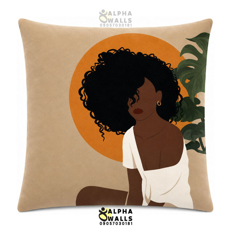 روکش کوسن مخمل طرح دختر آفریقایی و خورشید نارنجی مدل Afro Sunset