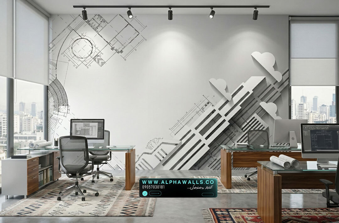  پوستر دیواری دفتر مهندسی با طرح نقشه فنی و فرم‌های معماری مینیمال 