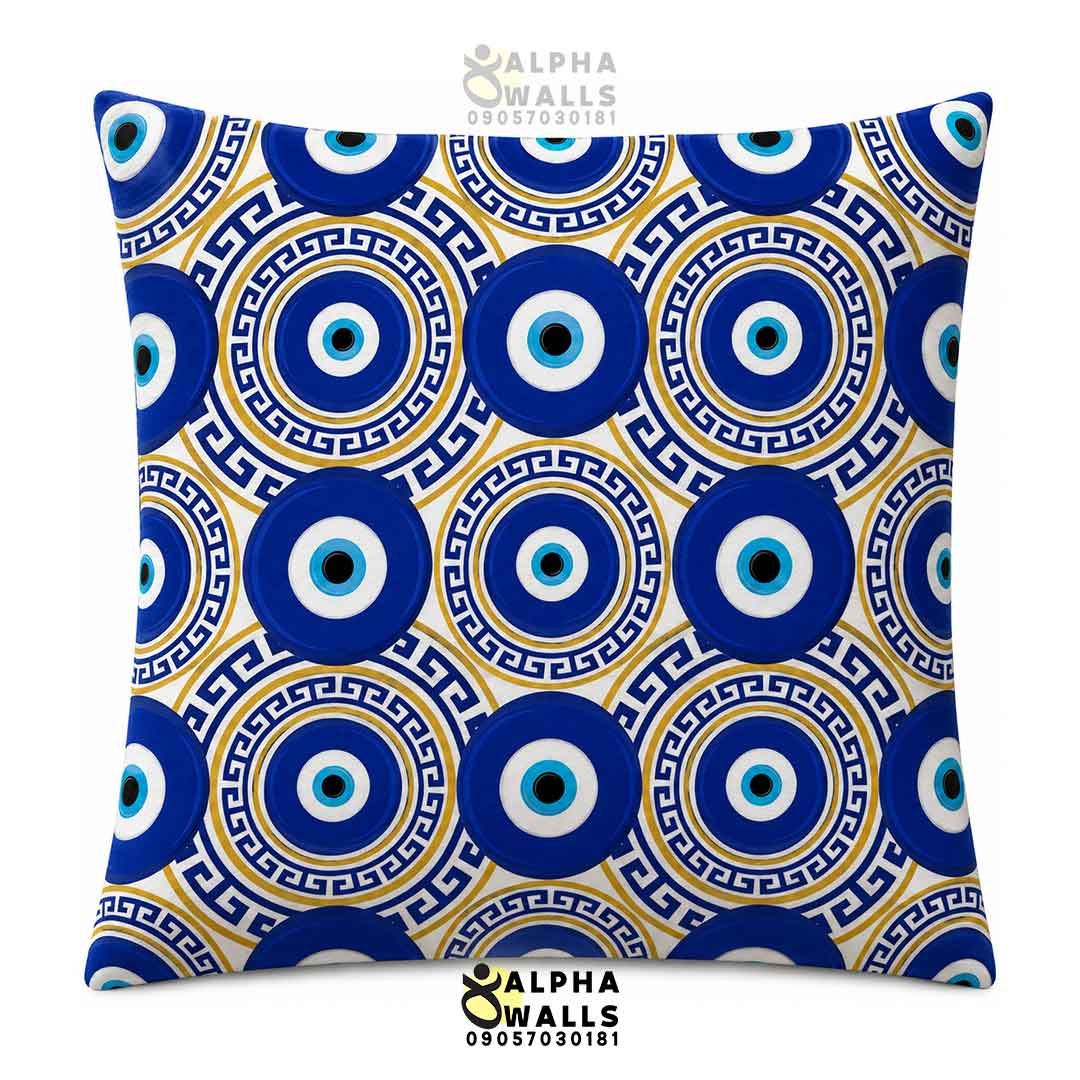  روکش کوسن مخمل طرح چشم نظر و ورساچه آبی طلایی مدل Greek Evil Eye 